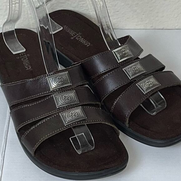 MINNETONKA Brown Leather Slip On Sandals Western Boho Women's Size 10 - Picture 13 of 16